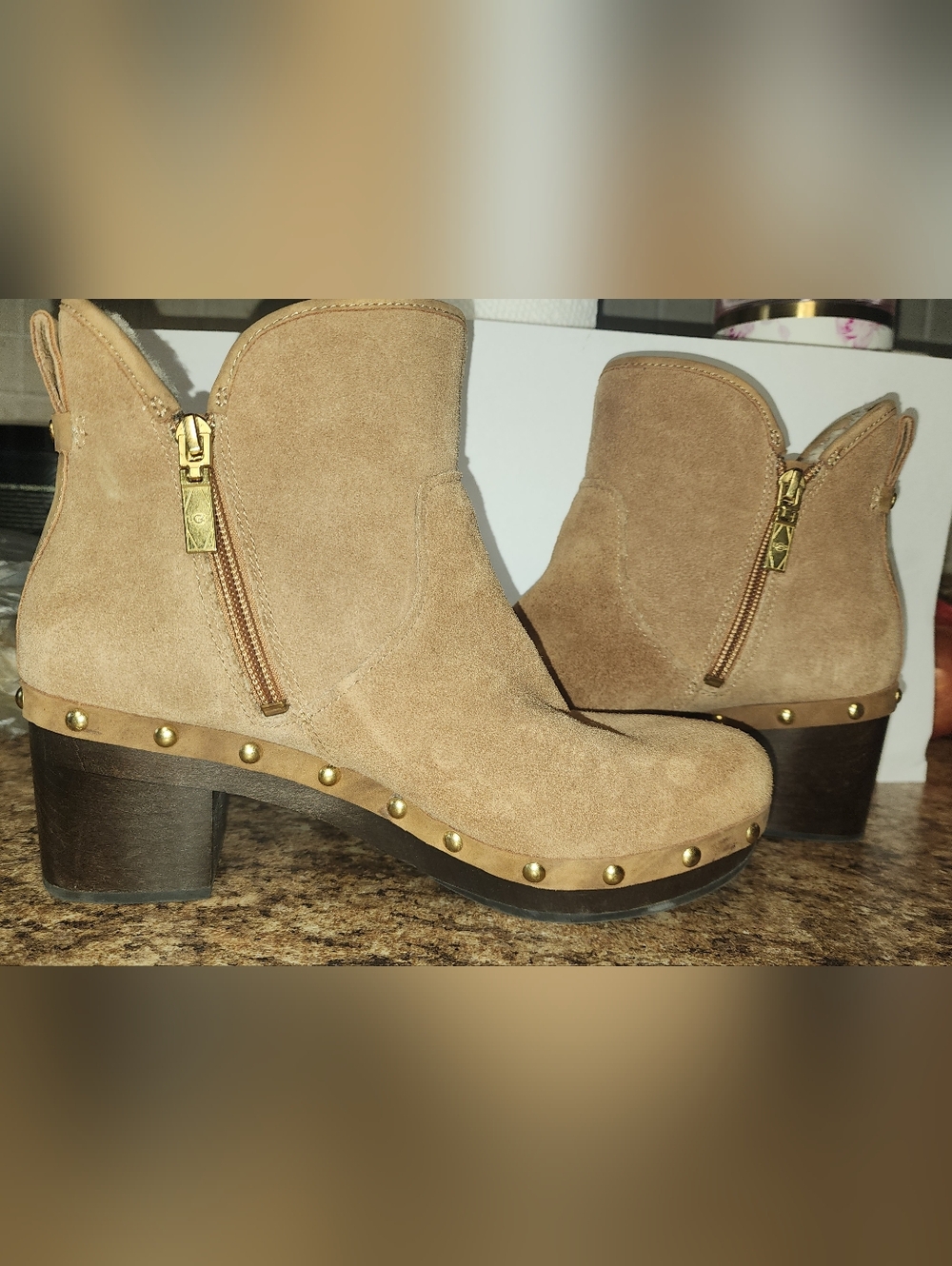 UGG Tan Suede Studded Ankle Booties with Side Zipper